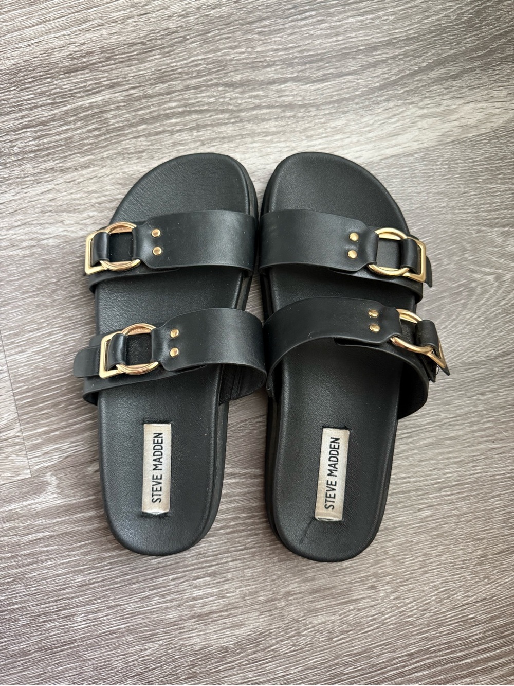 Steve Madden Black Slide Sandals with Gold Buckles